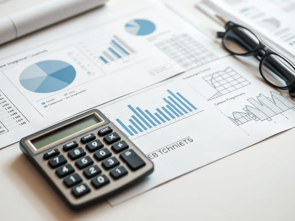A professional close-up of financial charts, a calculator, a