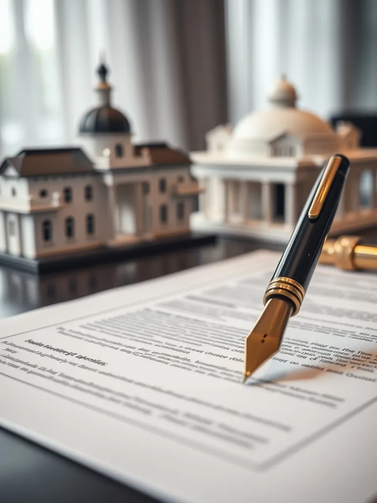 Detailed legal document with a fountain pen, architectural m
