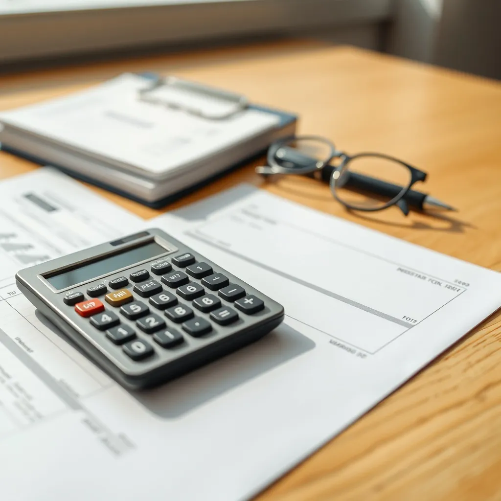 Close up of a professional calculator, financial papers, and