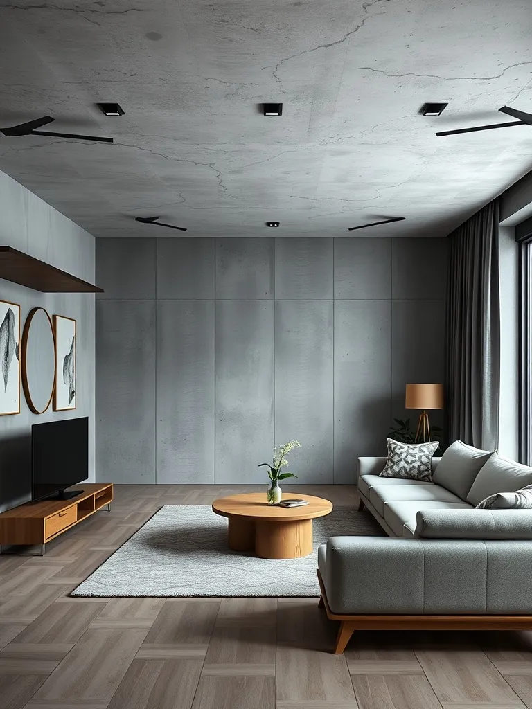 Minimalist modern apartment interior with concrete walls and