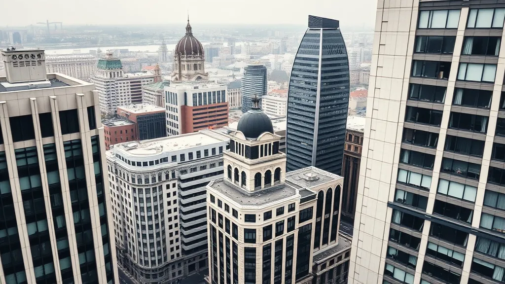 A high-angle architectural shot of modern financial district