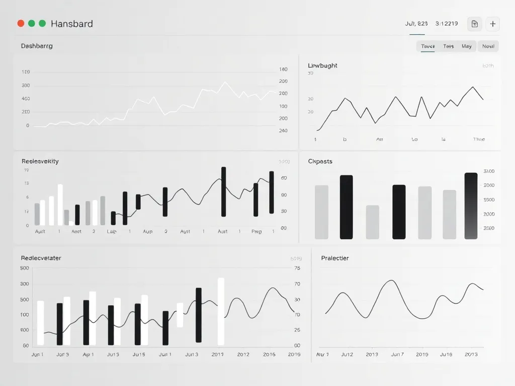 A minimalist digital dashboard showing financial charts, bar